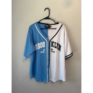 Retro Fox Brooklyn Baseball Jersey Mens XL Blue White Split Mesh Button Up
